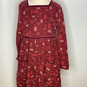 Vtg lands end girls red corduroy bird leaf pocket dress sz 7